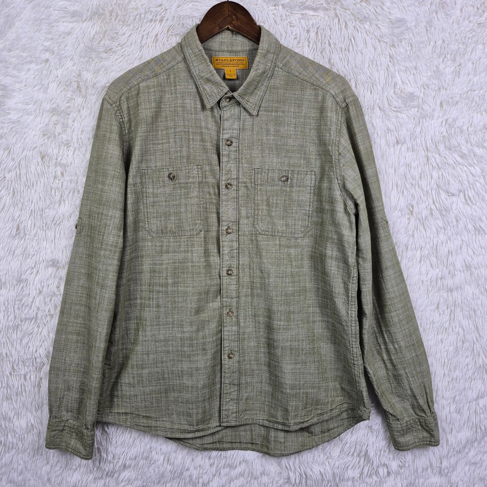 Stapleford Mens Olive Green Cotton Roll Tab Long‎ Sleeve Button Down Shirt Large